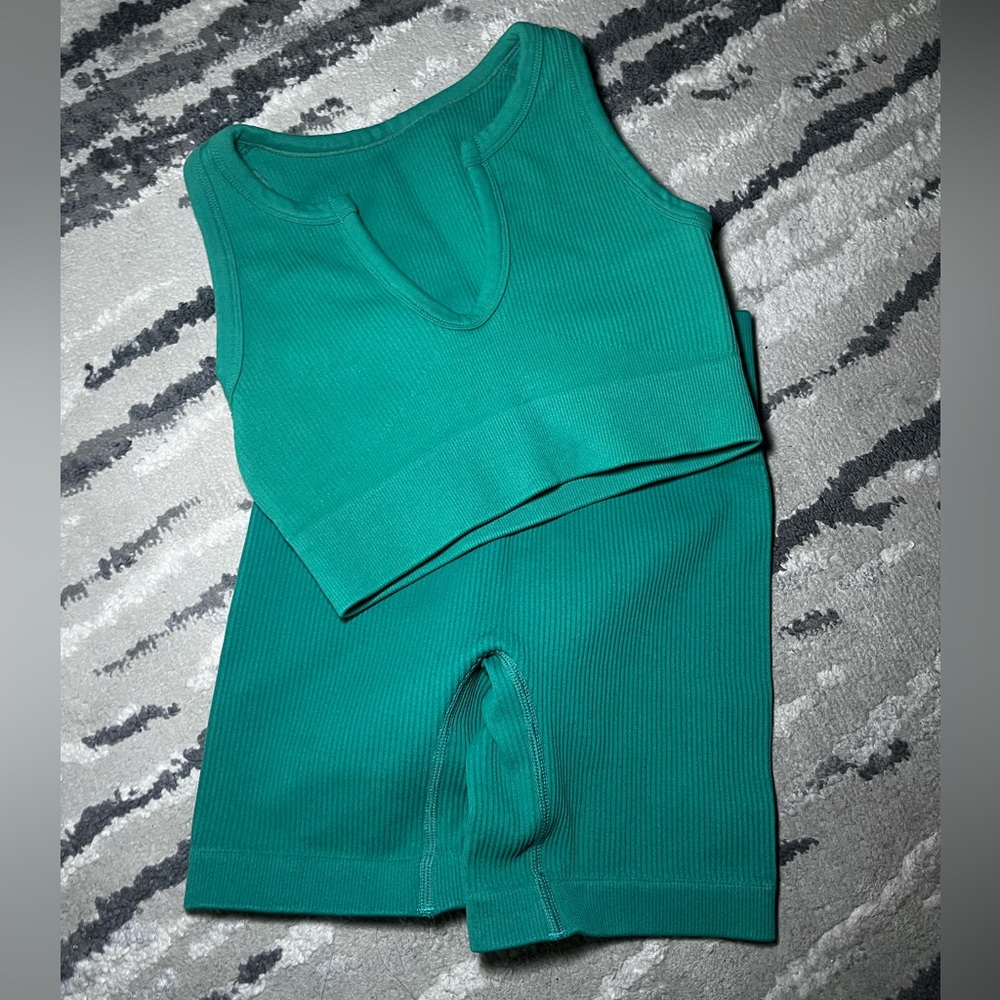 Teal Ribbed Tank and Shorts Set